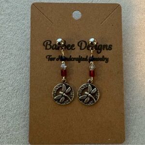Dragonfly Drop Earrings-Silver, Black and Red